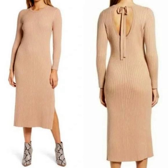 WAYF Size XS Womens BFF Hollie Long Sleeve Side Slit Sweater Dress in Camel - Picture 3 of 13